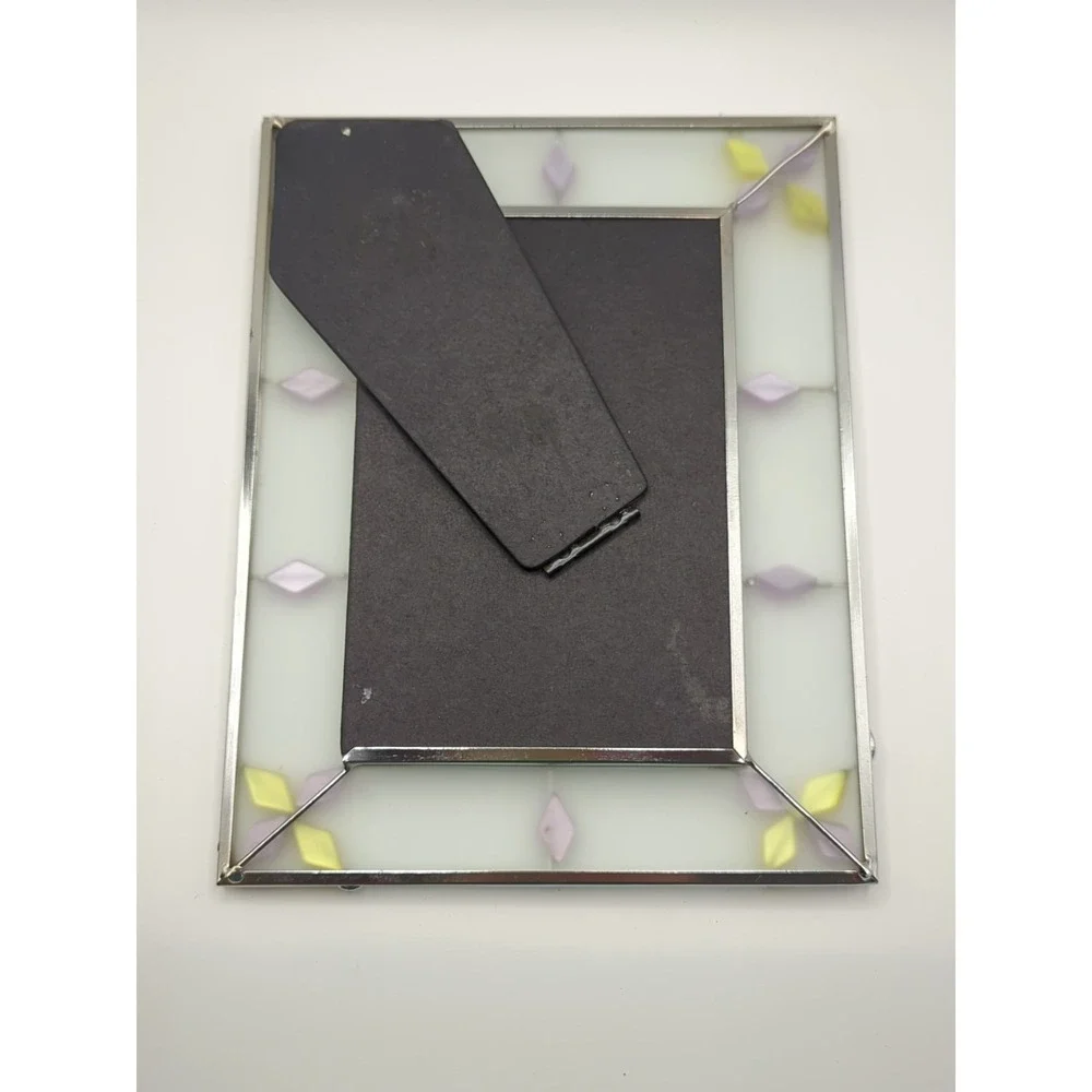 Vintage Stained Glass Photo Frame Purple Yellow Beaded Tabletop 4x6 Rectangle